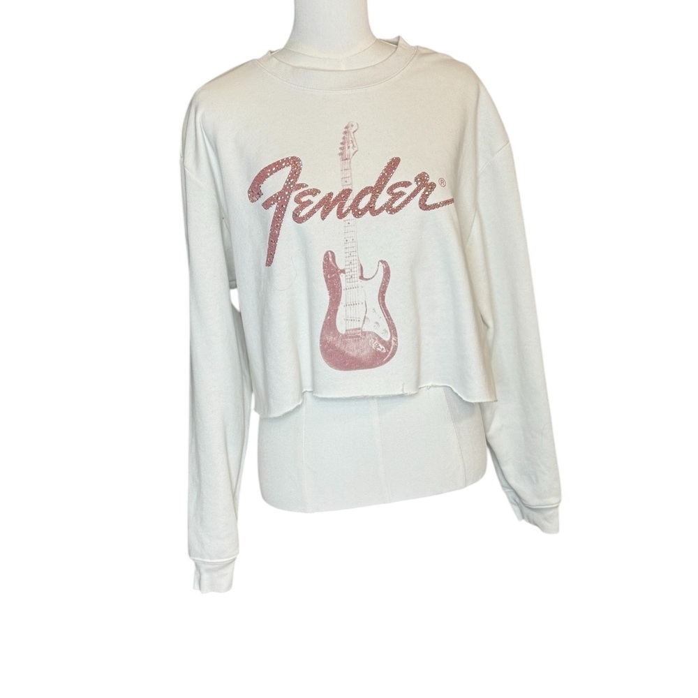 Fender Cropped Sweatshirt  Glitter Logo Graphic Guitar / Off White / Size L